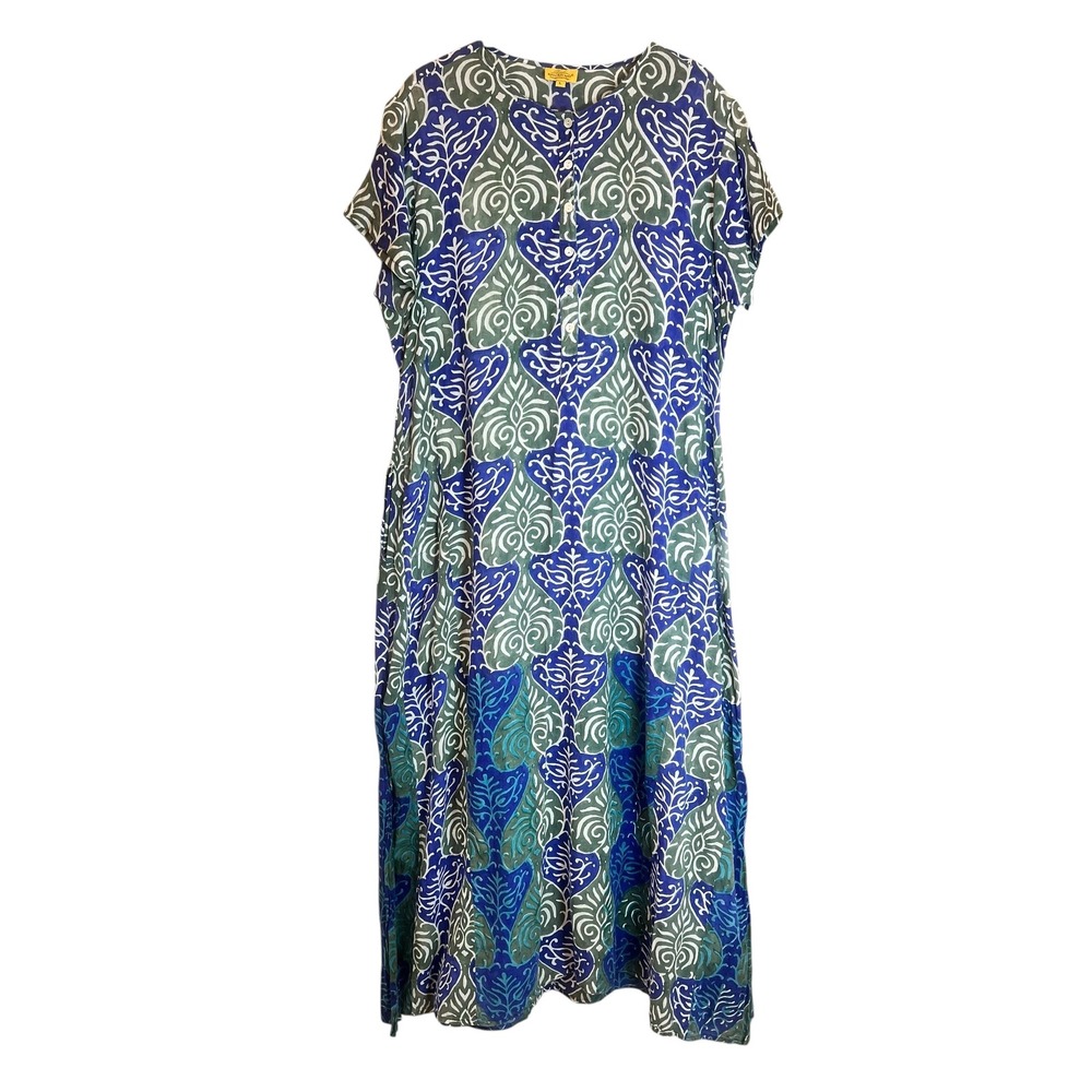 Roberta‎ Roller Rabbit Cotton Kaftan Dress Blue Green Block Print Womens Large
